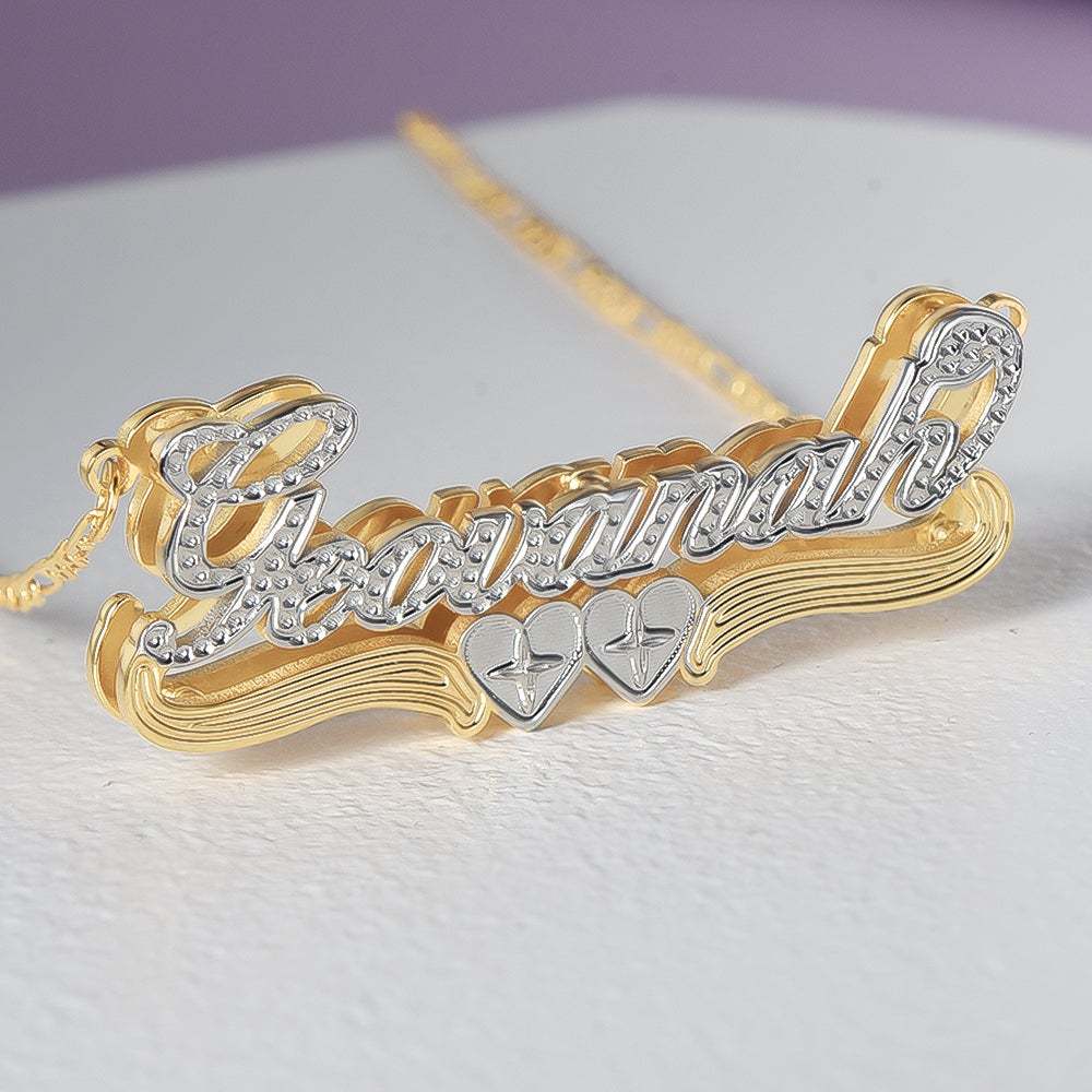 Two Tone Double Plate Gold Plated Personalized Two Heart 3D Name Necklace-silviax