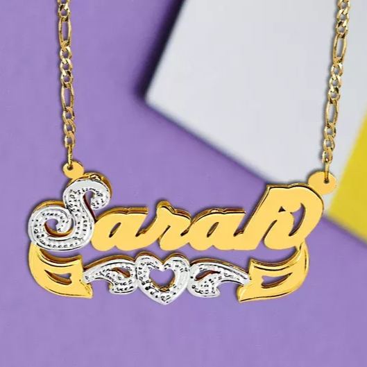 Double Layer Two Tone Hollow Heart Personalized Custom Gold Plated  Name Necklace-silviax