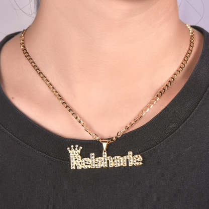 Inlaid Zircon Capital Letter Nameplate with Crown Pendant Personalized Custom Gold Plated Name Naecklace-silviax