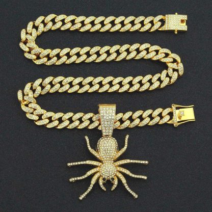 Hip Hop Iced Out Cuban Chain Spider Pendant Necklace Gold Plated Necklaces Jewelry Gift for Men-silviax