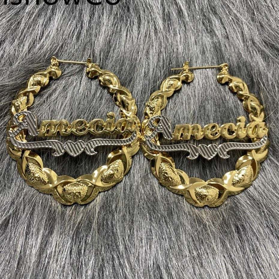 Two Tone XOXO Bamboo Hoop Name Earrings Gold Plated Personalized Custom with Heart-silviax