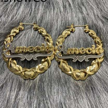 Two Tone XOXO Bamboo Hoop Name Earrings Gold Plated Personalized Custom with Heart-silviax
