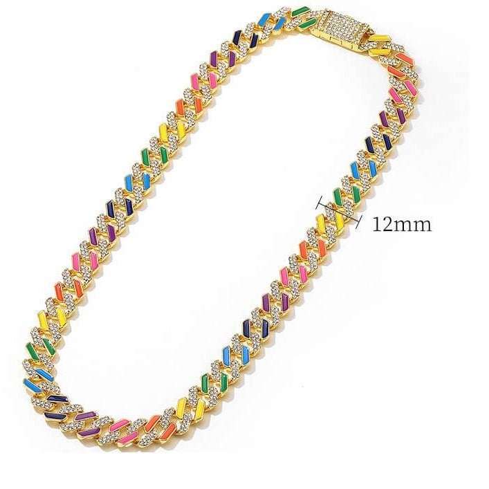 12mm Colorful Cuban Link Chain Gold Plated Necklace and Bracelet Set-silviax