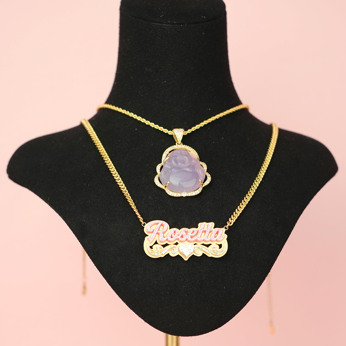 Pink Smile Maitreya Buddha Pendant Necklace And Double Plate Pink Acrylic Nameplate with Heart Personalized Name Necklace Set-silviax