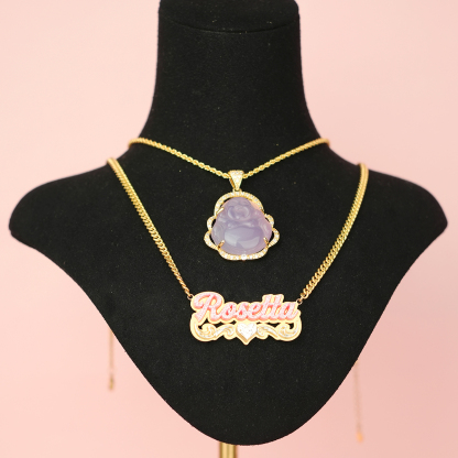 Pink Smile Maitreya Buddha Pendant Necklace And Double Plate Pink Acrylic Nameplate with Heart Personalized Name Necklace Set-silviax