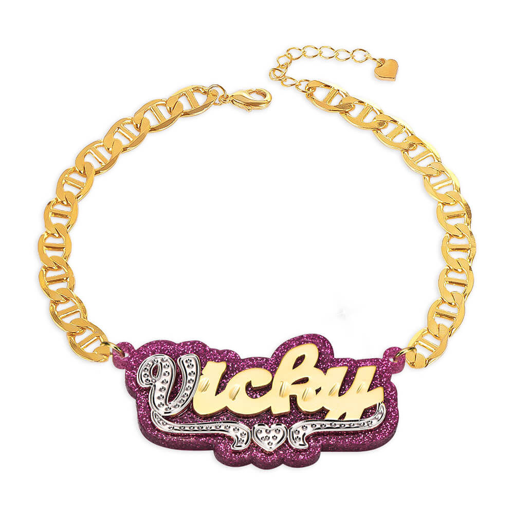 Pink Acrylic Double Layer Two Tone Heart Personalized Custom Gold Plated Name Bracelet-silviax