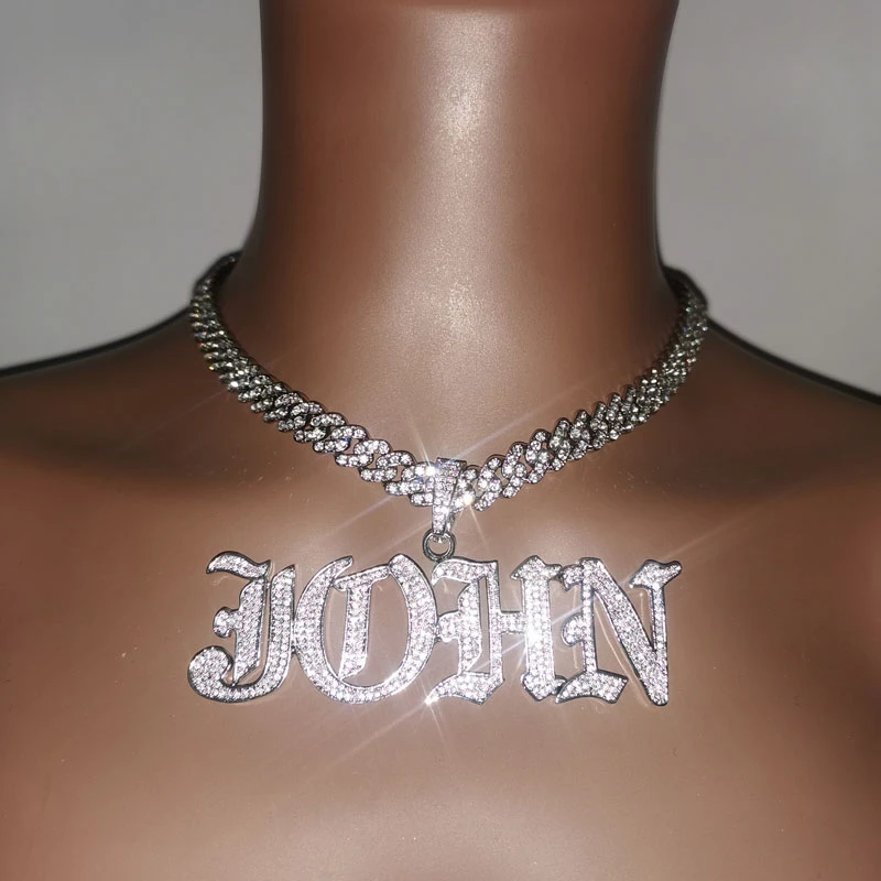 Hip Hop Style Iced Out Cuban Chain 2-6 Letters Old English Custom Initial Necklace-silviax