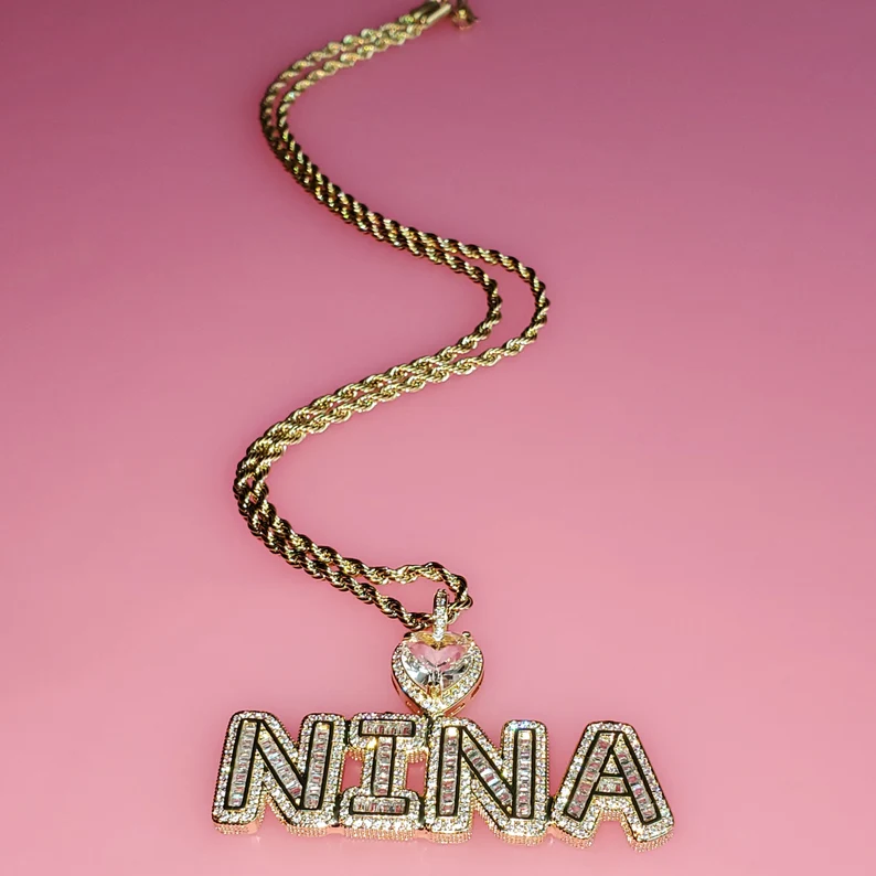 Iced Out Heart Bail Pendant Nameplate 3 To 8 Letters Custom Personalized Initial Necklace