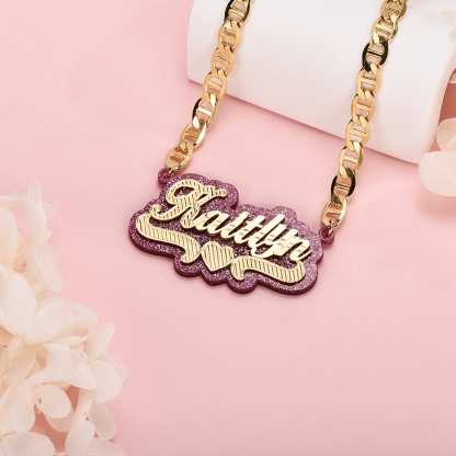 Pink Acrylic Double Layer Heart Personalized Custom Gold Plated Name Necklace-silviax