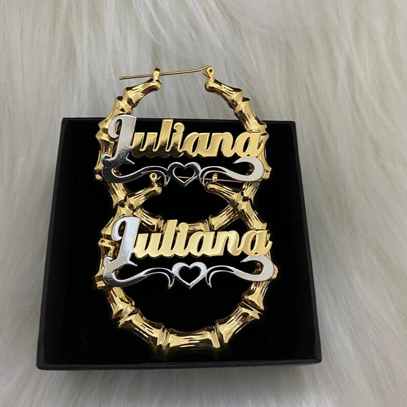 Two Tone Bamboo Earrings with Hollow Heart Personalized Custom Gold Plated Name Earrings-silviax