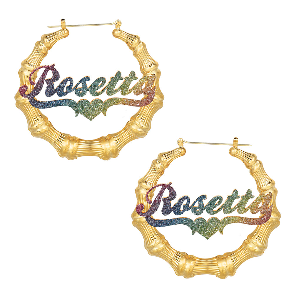 Colorful Nameplate with Heart Personalized Bamboo Name Hoop Earrings-silviax
