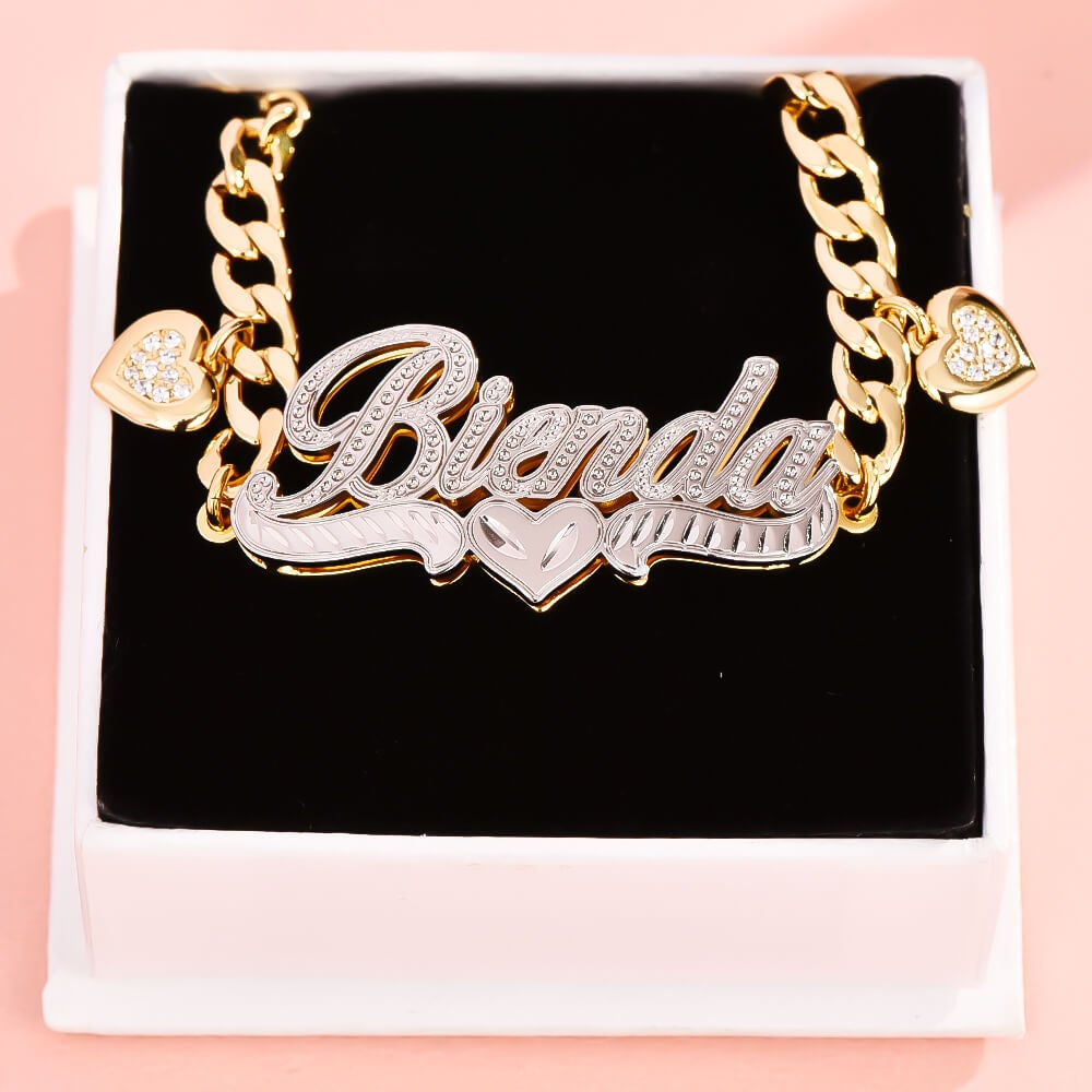 Double Layer Two Tone Heart Nameplate Cuban Chain With Heart Personalized Custom Name Bracelet-silviax