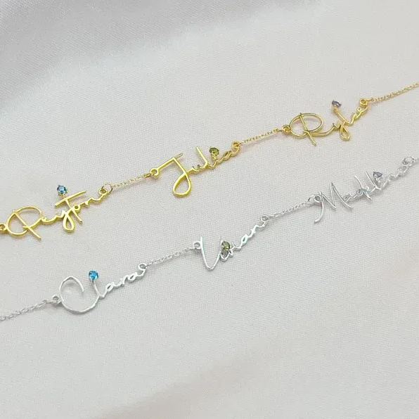 Minimalist Personalized Custom Gold Plated Three Names Necklace with Birthstone
