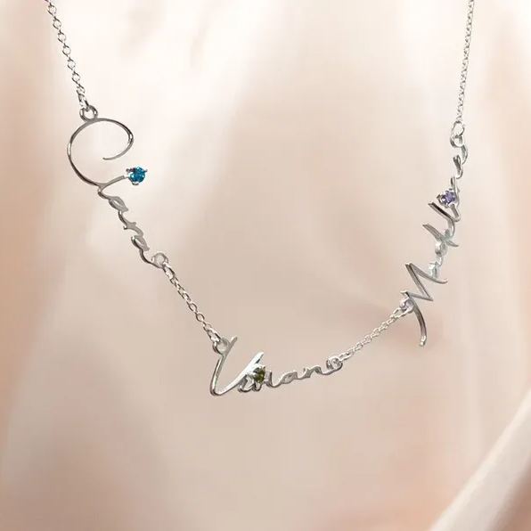 Minimalist Personalized Gold Plated Three Names Necklace with Birthstone Women Gift-silviax