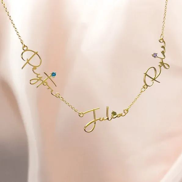 Minimalist Personalized Custom Gold Plated Three Names Necklace with Birthstone