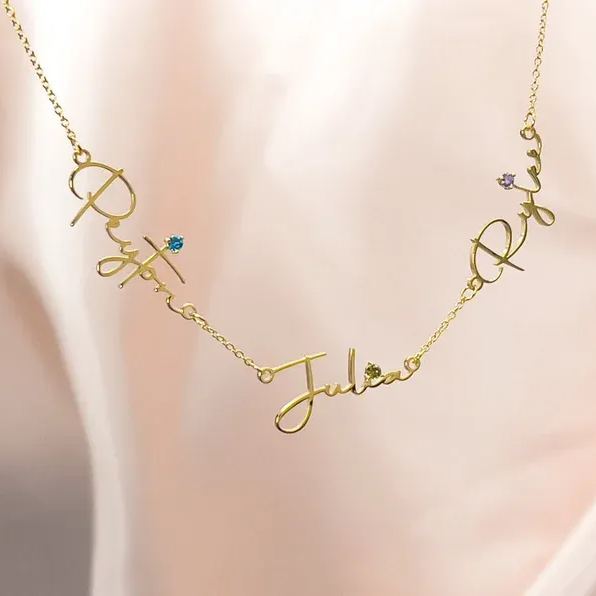 Minimalist Personalized Gold Plated Three Names Necklace with Birthstone Women Gift-silviax