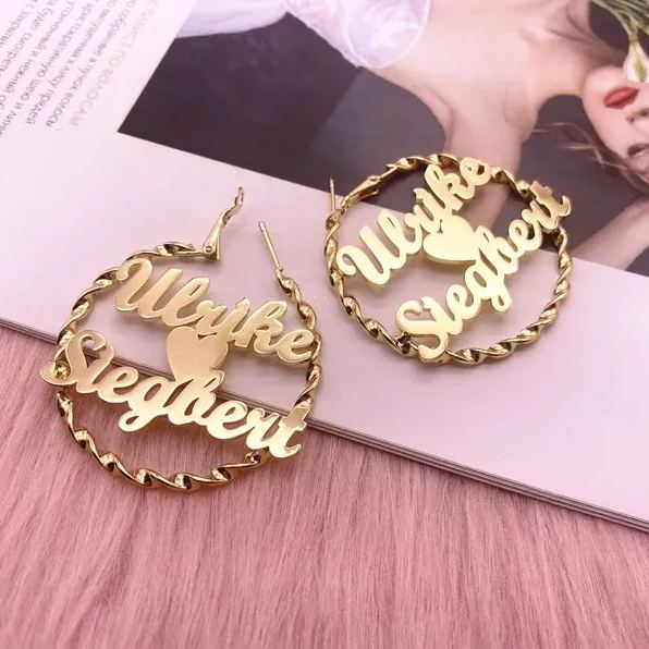 Heart In Middle Two Names Personalized Custom Gold Plated Hoop Earrings Valentine's Day Gift