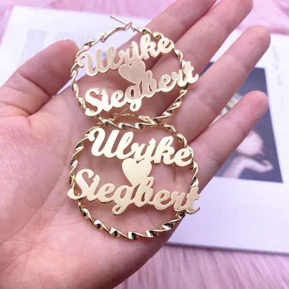 Heart In Middle Two Names Personalized Custom Gold Plated Hoop Earrings Valentine's Day Gift-silviax