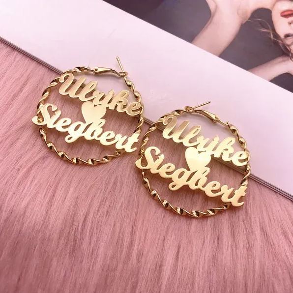 Heart In Middle Two Names Personalized Custom Gold Plated Hoop Earrings Valentine's Day Gift-silviax