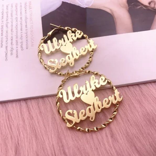 Heart In Middle Two Names Personalized Custom Gold Plated Hoop Earrings Valentine's Day Gift-silviax