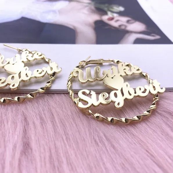 Heart In Middle Two Names Personalized Custom Gold Plated Hoop Earrings Valentine's Day Gift-silviax