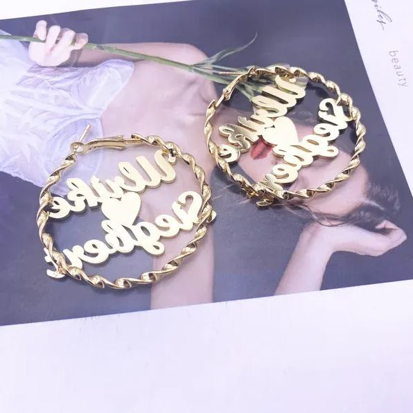 Heart In Middle Two Names Personalized Custom Gold Plated Hoop Earrings Valentine's Day Gift-silviax