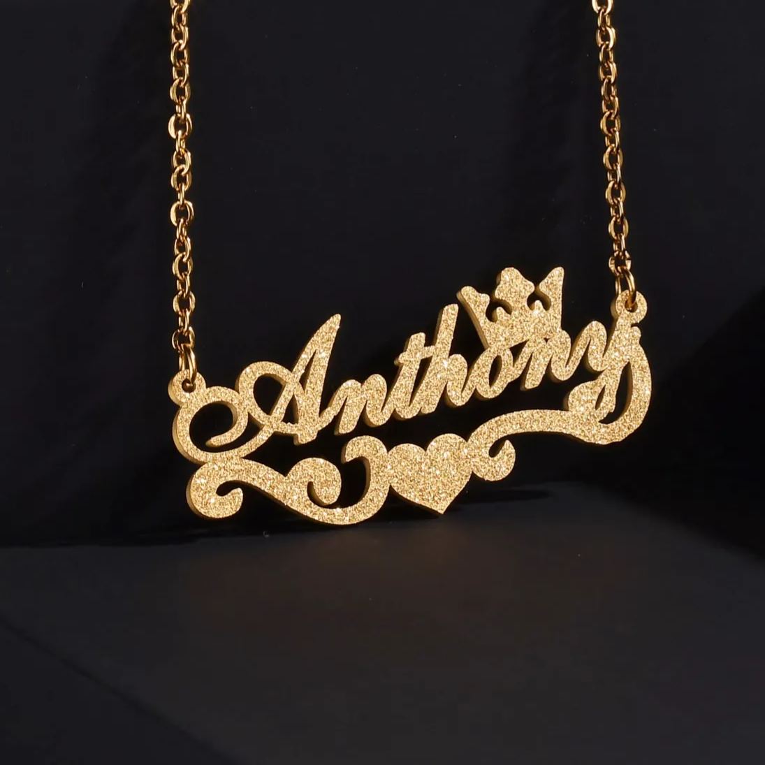 Sparkling Crown Heart Nameplate Pendant Gold Plated Personalized Custom Name Necklace