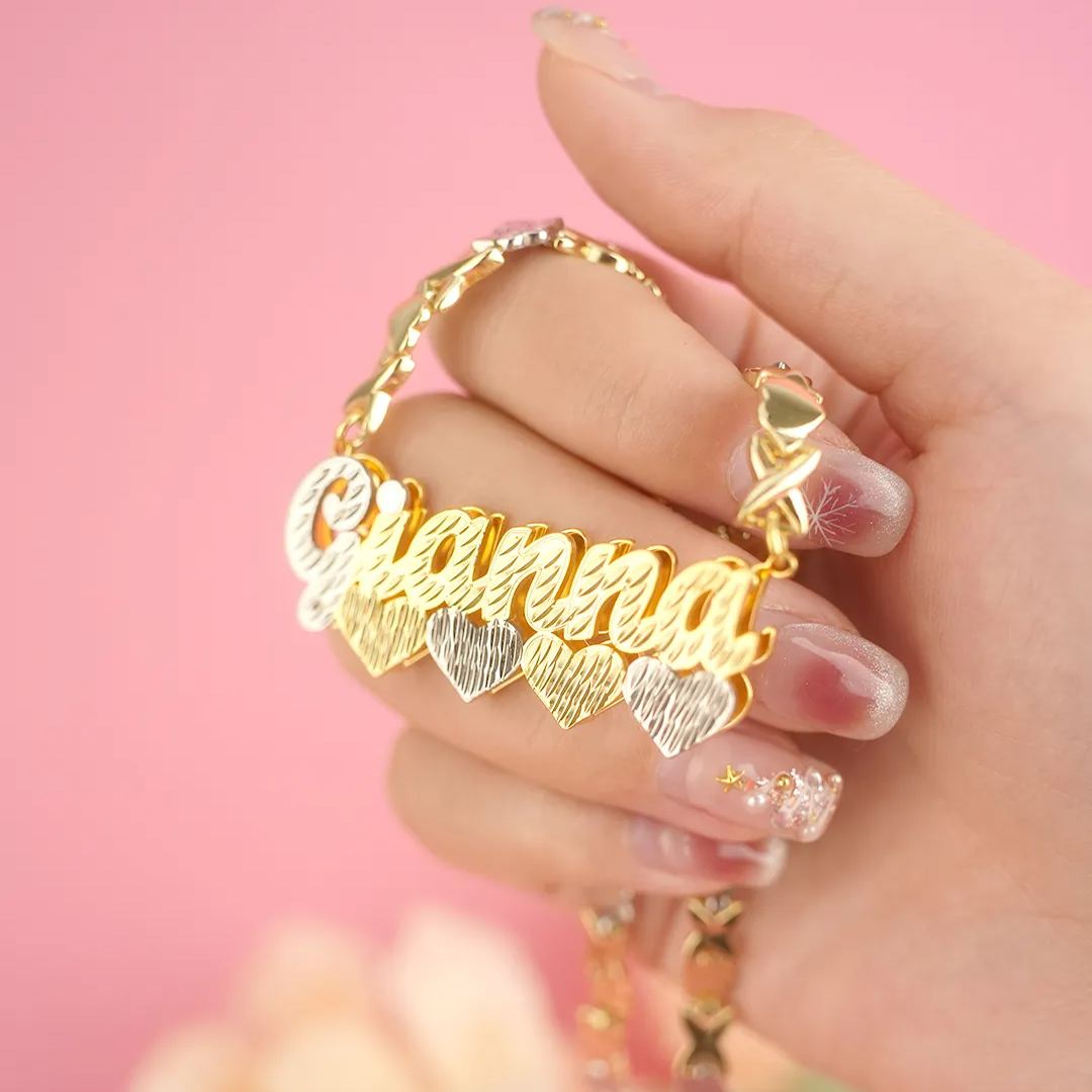 Double Layer Two Tone Four Hearts Nameplate XOXO Chain Personalized Custom Gold Plated Name Necklace-silviax