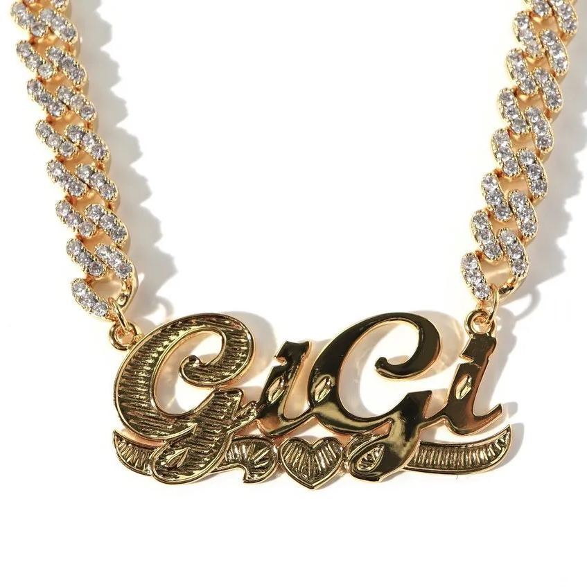 Iced Out Cuban Chain Customized Diamond Cut Heart Name Necklace Choker-silviax