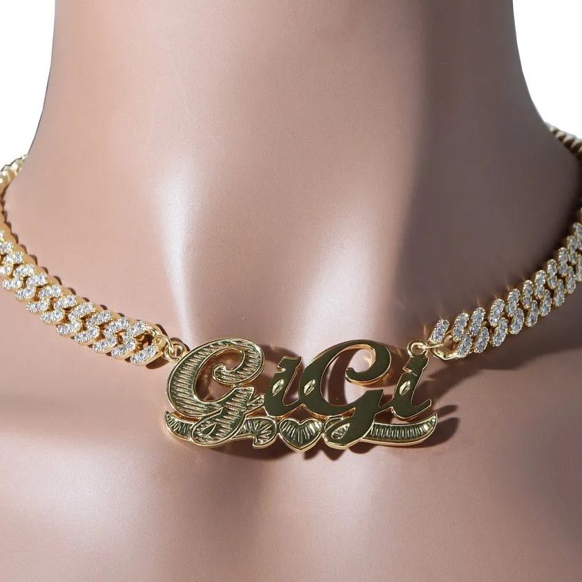 Iced Out Cuban Chain Customized Diamond Cut Heart Name Necklace Choker-silviax