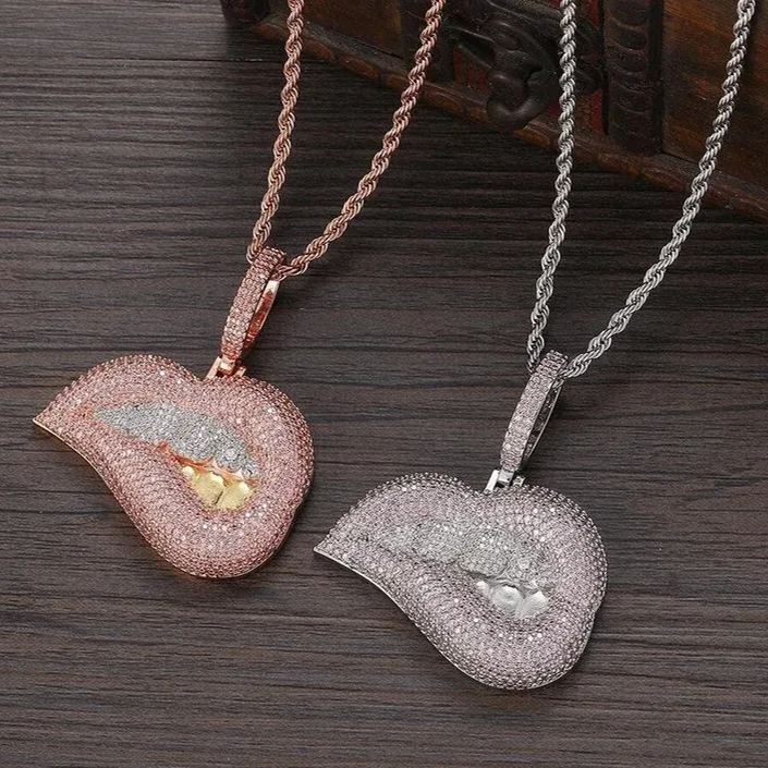 Hip Hop Style Iced Out Zirconia Bling Lip Kiss Pendant Necklace-silviax