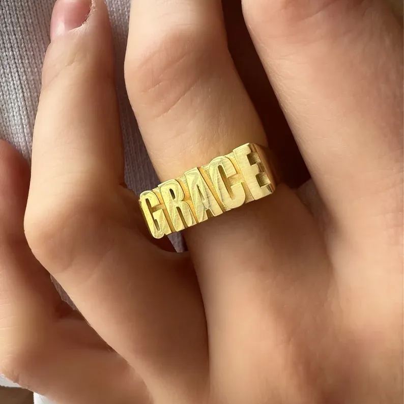 Personalized Custom Gold Plated 3d Block Name Ring-silviax