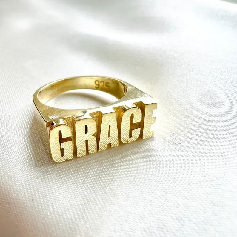 Personalized Custom Gold Plated 3d Block Name Ring-silviax