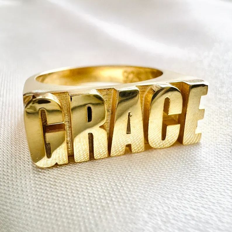 Personalized Custom Gold Plated 3d Block Name Ring-silviax