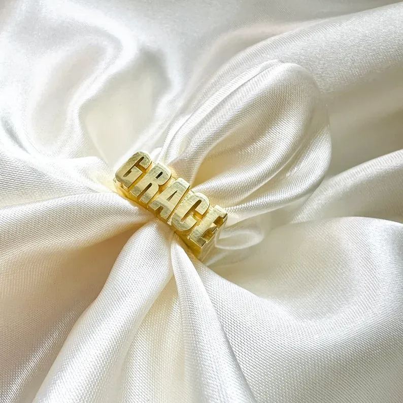 Personalized Custom Gold Plated 3d Block Name Ring-silviax