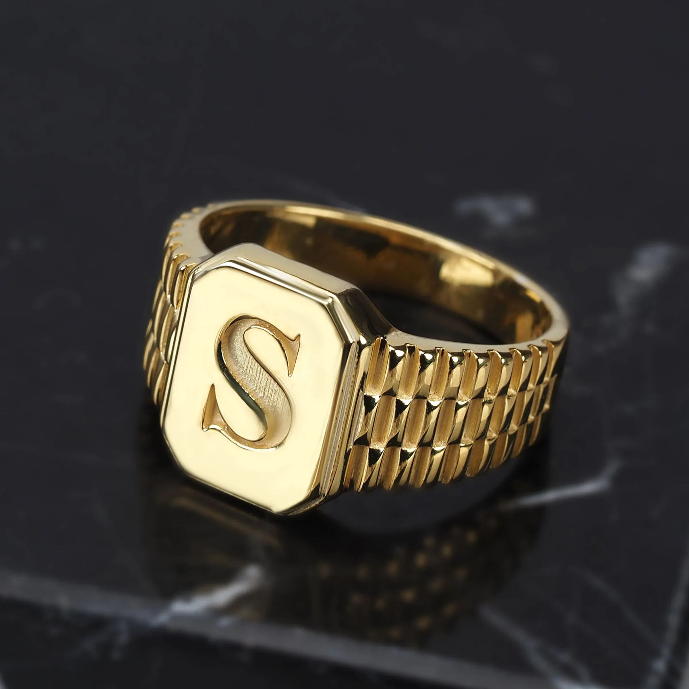 Personalized Gold Plated Initial Ring A-Z Letter Men Ring-silviax