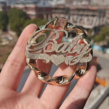 Bling Bling Love Heart Custom Gold Plated Name Twist Hoop Earrings-silviax