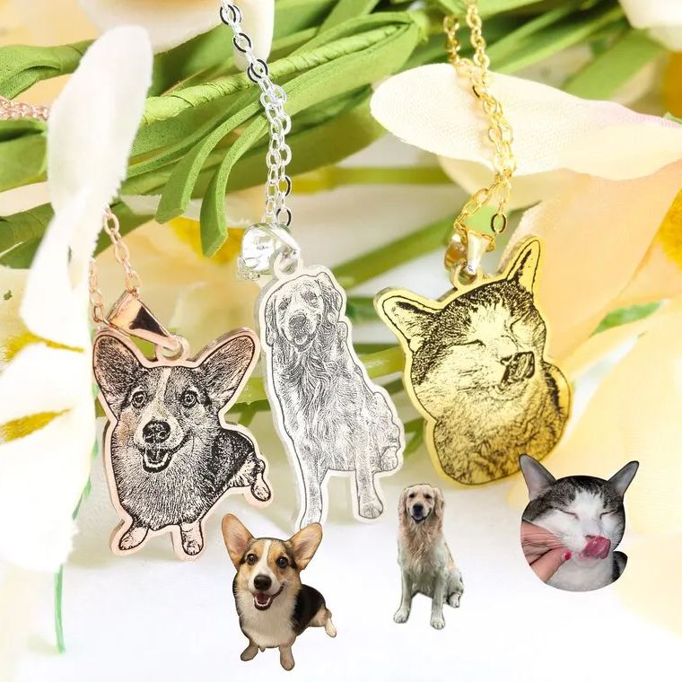 Personalized Custom Pet Portrait Necklace Engraved Cat Dog Pet Memorial Necklace-silviax