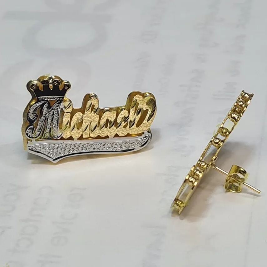 Crown Double Plate Tow Tone Personalized Custom Name Stud Earrings