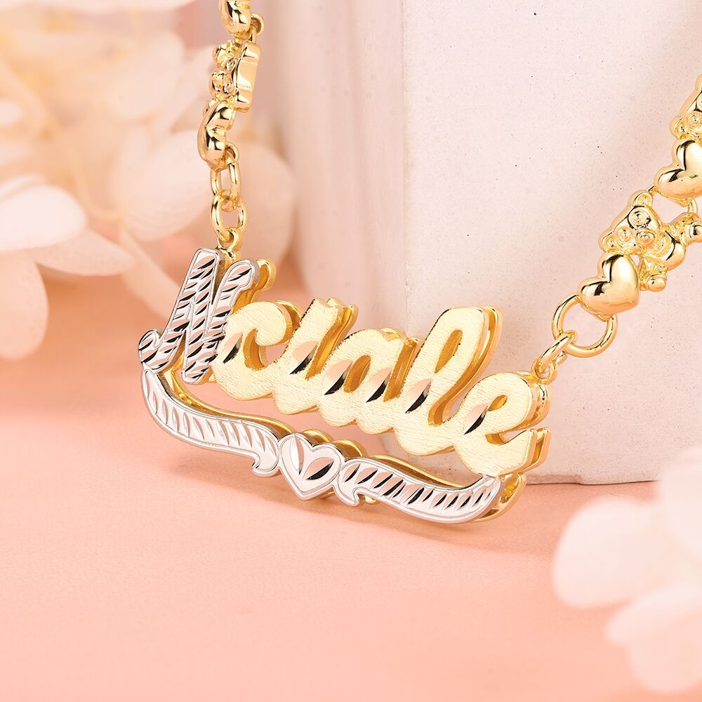Double Layer Two Tone with Teddy Bear XOXO Chain Heart Personalized Custom Gold Plated Name Necklace-silviax