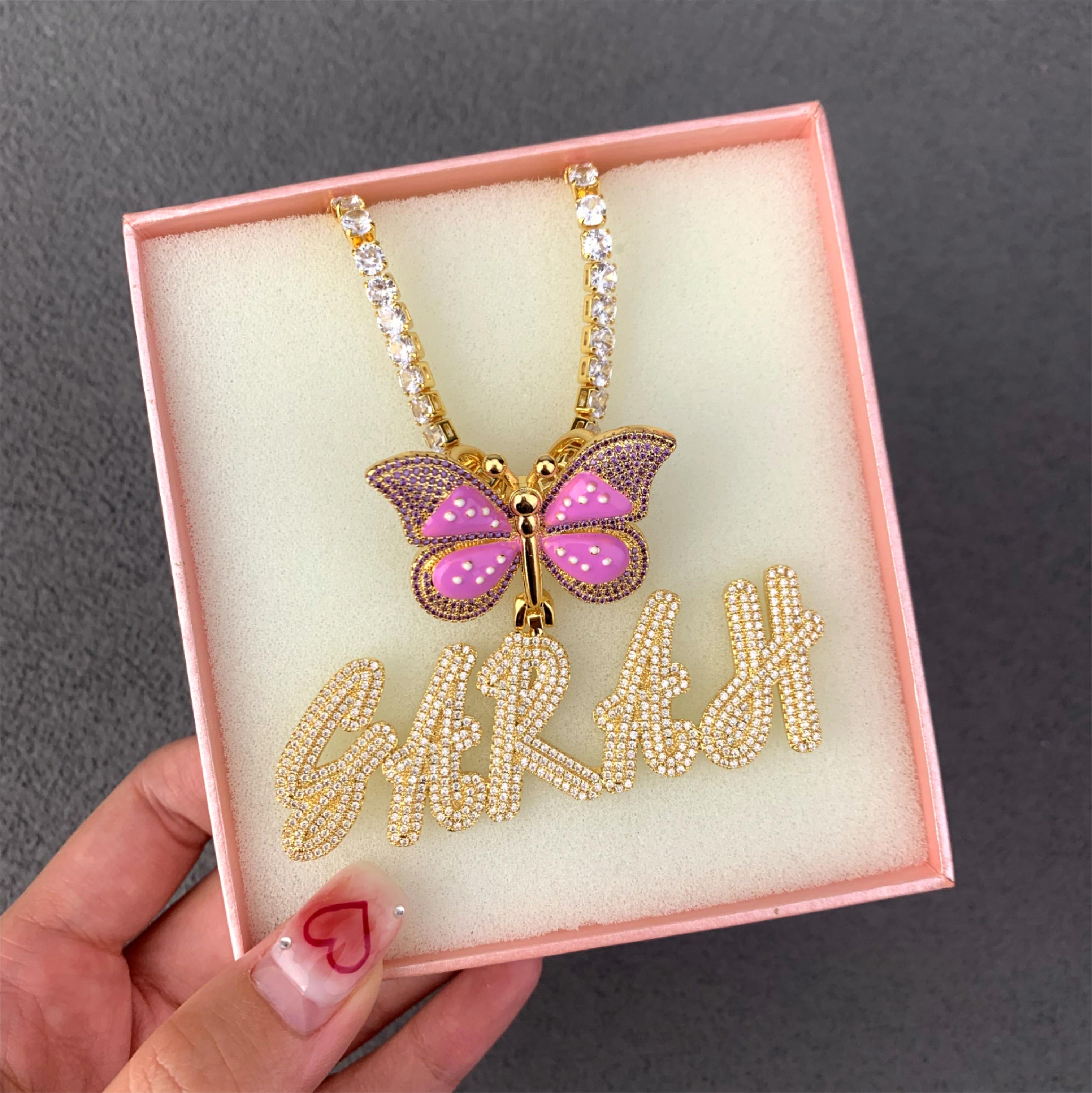 Personalized Hip Hop Butterfly Bail Cursive Letters Nameplate Necklace