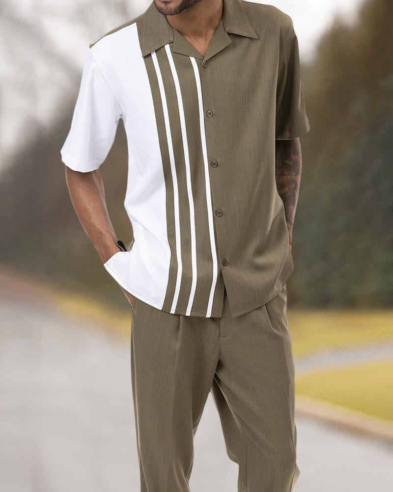 Olive Striped Color Block Walking Suit 2 Piece Short Sleeve Set With Long Pants-052742