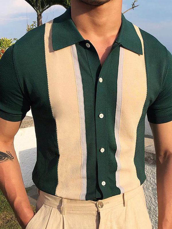 Men's Lapel Contrast Shirt Single Breasted Cardigan Knit Short Sleeve POLO Shirt