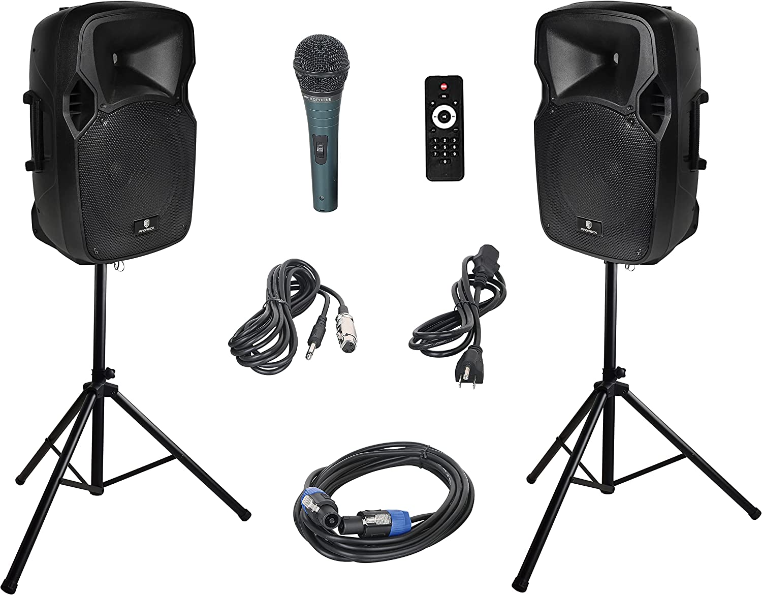 PRORECK Party 12 12-Inch 1000 Watts 2-Way Powered PA Speaker System Combo Set with Bluetooth/USB Drive Read Function/SD Card Reader/FM Radio/Remote Control/Speaker Stand
