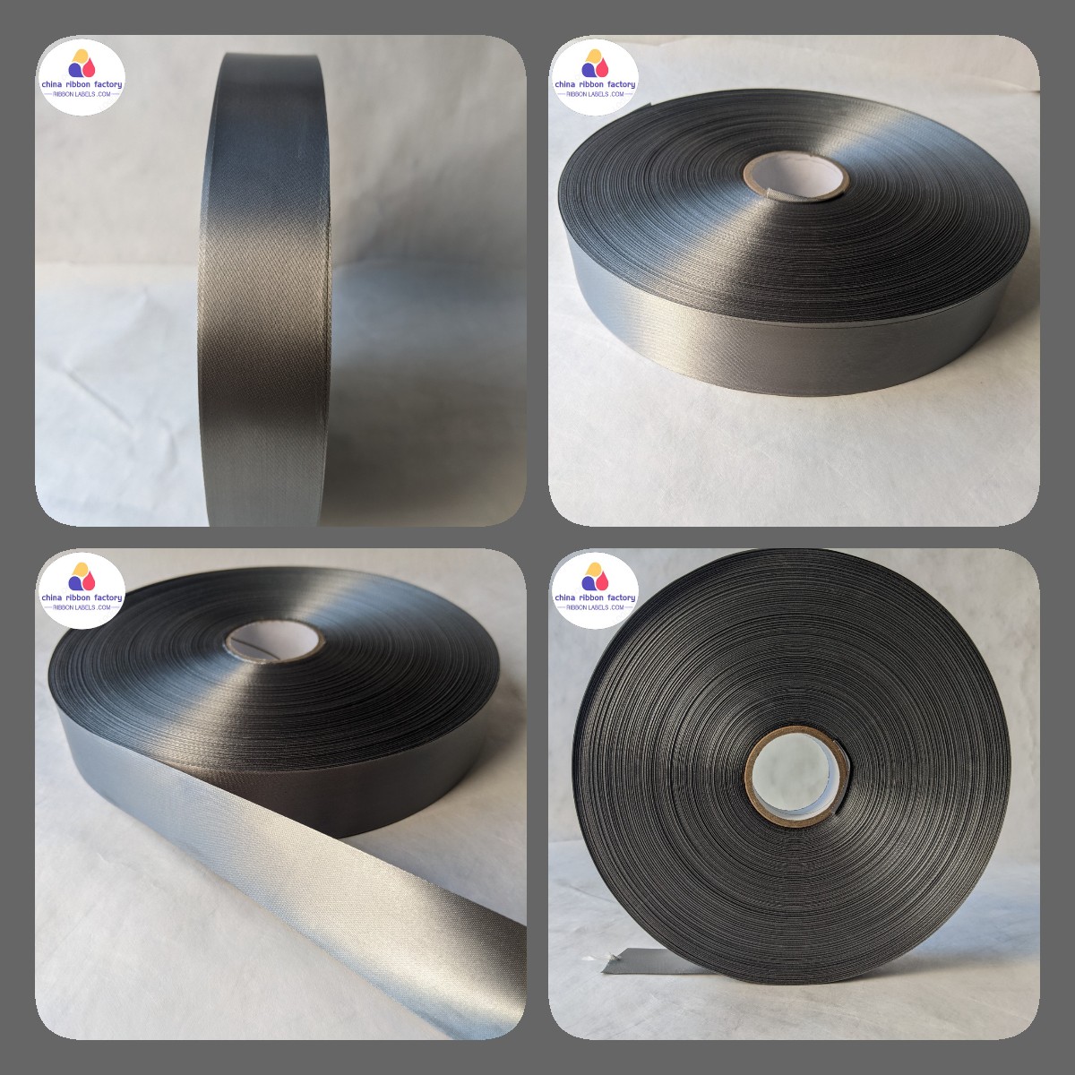 Wholesale Gray ribbon 100% polyester single/double sided satin fabric ribbon care label blank