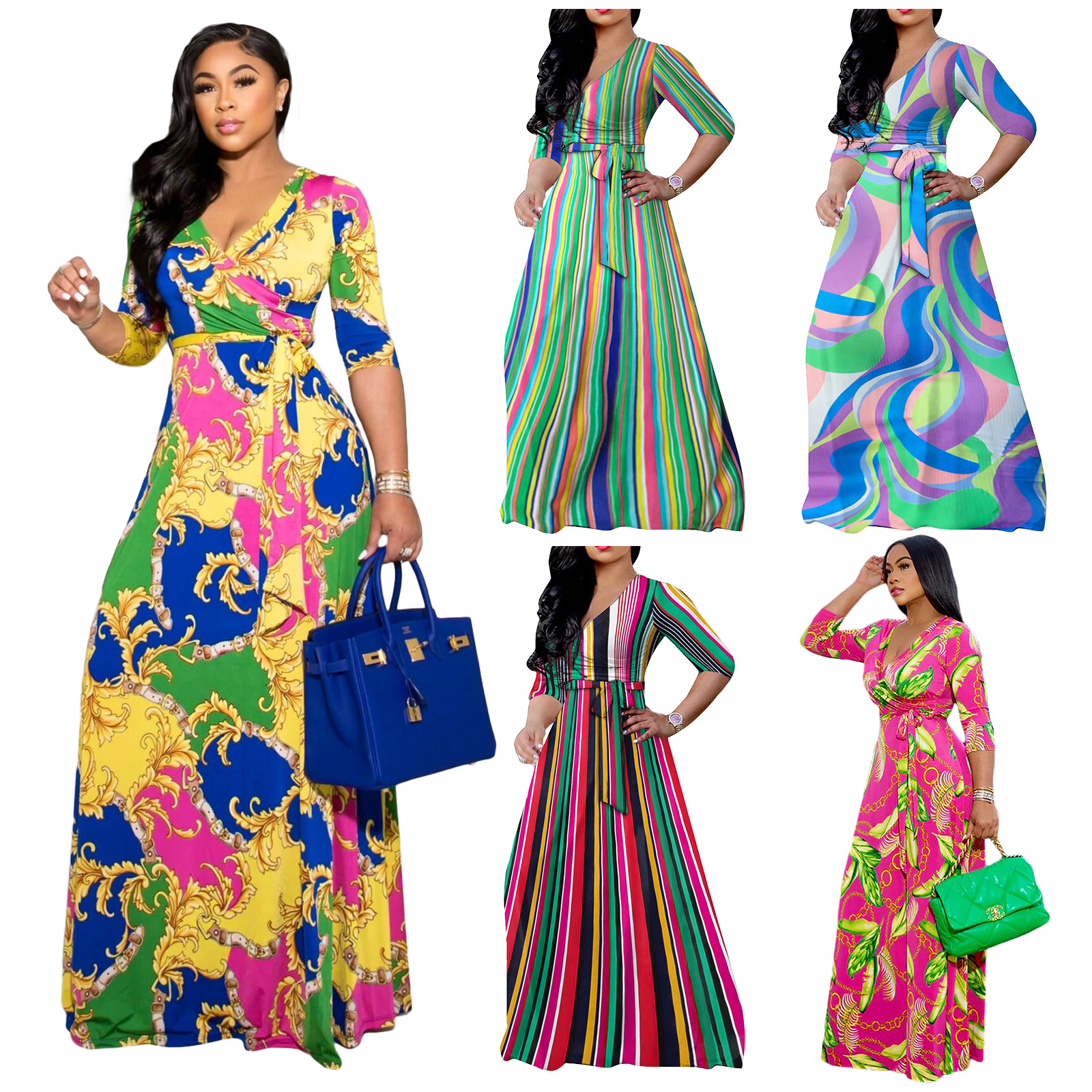 8616 Sexy V-neck beautifully printed plus size floor-length dress