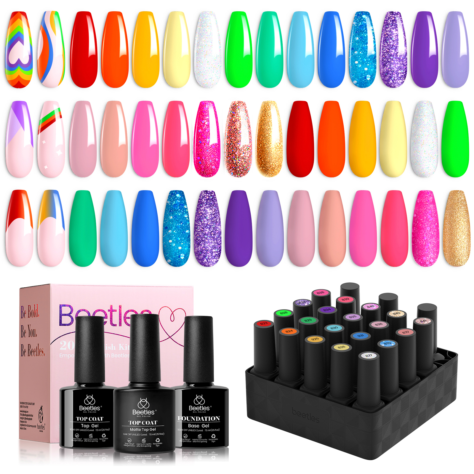Beetles Gel Nail Polish Set 20 Colors with 3Pcs Base Top Coat Rainbow Collection 2023 Summer Pastel Bright Neon Red Green Blue Solid Sparkle Glitter Manicure Gel Polish Kit for Girls Women