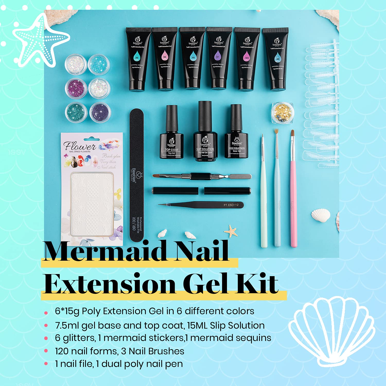 Beetles Mermaid Nail Kit 6 Colors Nail Extension Gel with Glitters