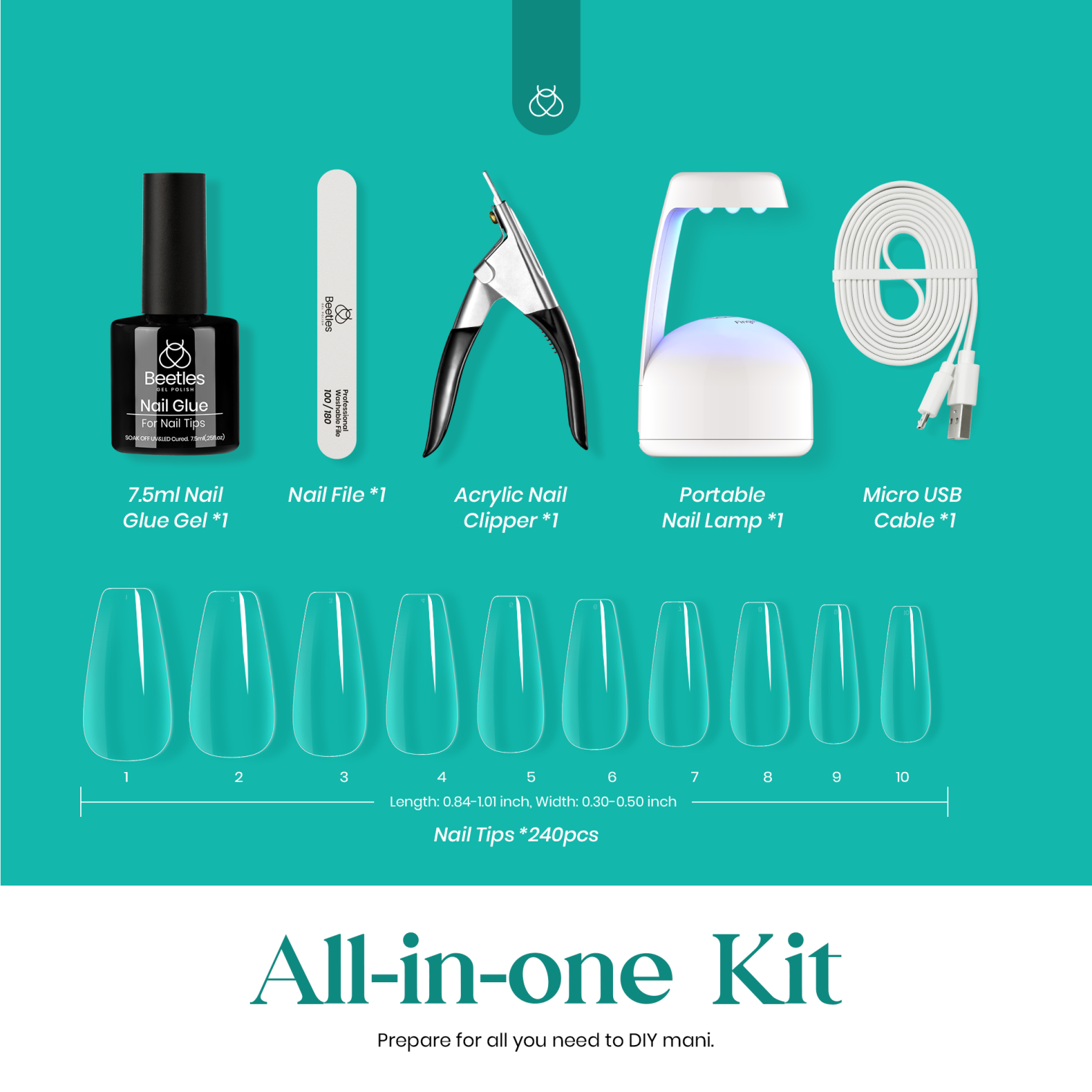 Beetles Easy Gel Tips Nail Extension Kit, 2 In 1 Nail Glue Gel Base Coat with Preshaped Medium