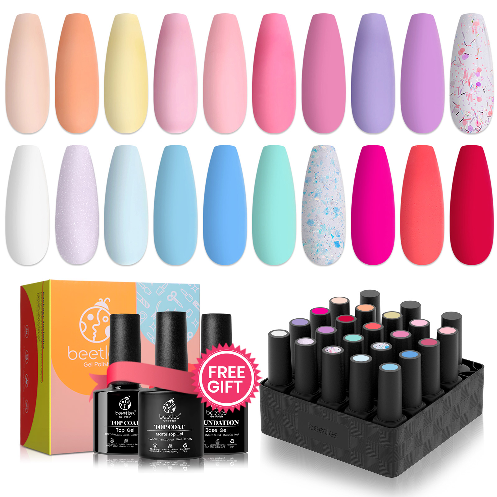 Pastel Gel Nail Polish Kit with Gel Base and Top Coat - 20Pcs Pastel Macaron Colors Collection, Popular Bright Art Sparkle Glitters Colors Easter Decorations Valentine Gift for Her